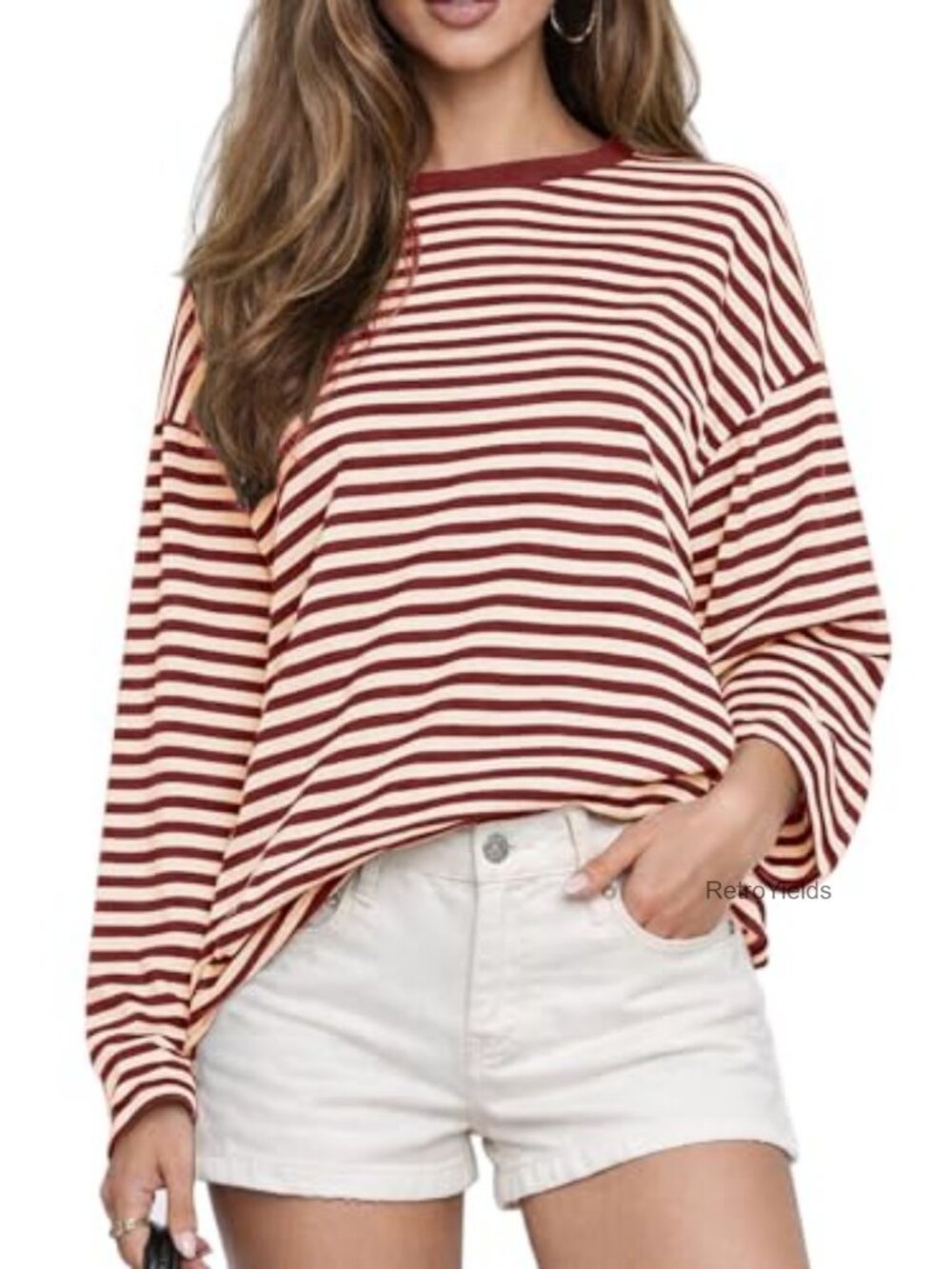 Oversized Striped Long Sleeve Crew Neck T-Shirt Cotton Blend Loose Fit Y2K
